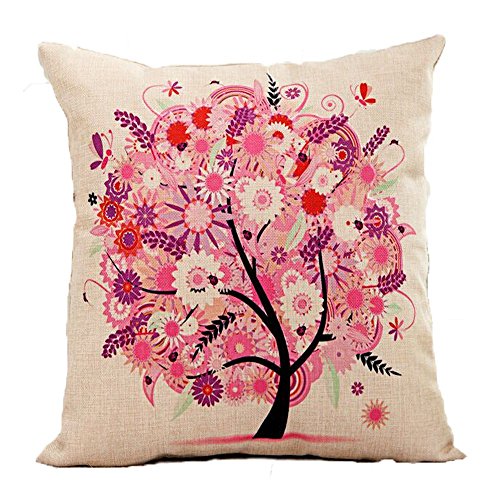 Vanki Pastoral Style Cotton Linen Square Decorative Throw Pillow Case Cushion Cover 18X 18 inches, pink Tree of Life