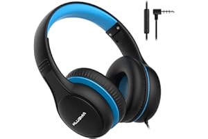 KLUGMIA Wired Kids Headphones, 85dB/94dB Volume Limited, Over Ear Headphones for Kids with in-line HD Mic, Audio Sharing, Foldable Kids Headphones Wired (black blue)