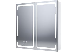 SONNI Spegelskåp med belysning 3 ljusfärger justerbar och imfri, 2 dörrars spegelskåp med trådlös gångjärnsdesign och uttag 5