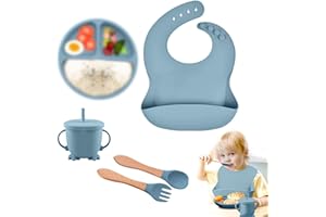 YushengTai Babyteller mit Saugnapf Baby Geschirrset - Lätzchen Baby - Trinkbecher Baby - Baby Löffel - Baby Teller, Rutschfest Baby Teller Set, Silikon Babygeschirr BPA Freie (Blau)