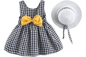 FYMNSI Bébé Robe d'été décontractée pour Fille en Coton avec Chapeau 2pcs Ensemble Fraise Pois Fleur à Imprimé Noeud Papillon sans Manches Marige Princess Ceremonie Naissance Tout Petit Vêtements