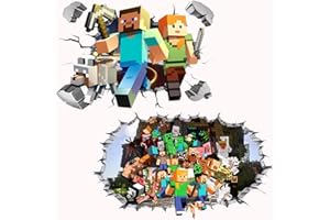 LGQHCE Minnecraft Wall Stickers 3D Decals, 2PCS Minnecraft Cartoon Stickers Kids 3D Smash Wall Removable Wall Sticker Decals 3D Effect Wall Stickers for Bedroom Living Room Hotel Decor (40x60cm)