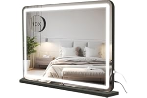 Buildonely Hollywood Schminkspiegel mit Beleuchtung, 80x55cm Schminkspiegel mit LED Licht Dimmbare 3 Lichtmodi, Groß Spiegel mit Touch Control, Tischplatte oder Wandhalterung, Schwarz