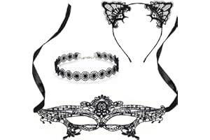 VZXQX 3 Pezzi Maschera Collana Fascia per Orecchie di Gatto, Nero Costumi Halloween Donna Cerchietto per Capelli di Gatto con Collana Girocollo Maschera Sexy Halloween Carnevale Cosplay Feste