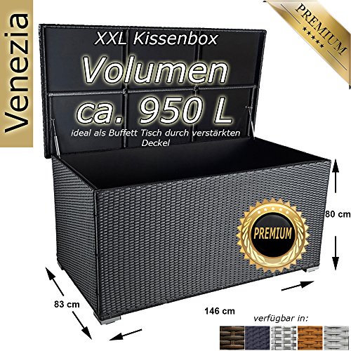 PREMIUM „Venezia“ 950 L XXL Kissenbox (es regnet nicht rein) L 146 cm x B 83 cm x H 80 cm ideal als Buffet Tisch nutzbar mit 2 x Gasdruckstoßdämpfer und eingebauter Tischplatte Farbe: Schwarz - 2