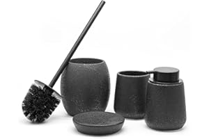 Inbagno Set Accessori Bagno in Ceramica Nera Glitterata, con Dispenser Sapone, Portaspazzolini, Portasapone e Portascopino