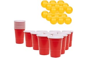 KEPLIN Party Plastic Cups & Balls - Set of 36 I Reusable Red Cups & Table Tennis Balls I Funny Game Set for Adults I Ideal for BBQ Parties, Birthdays, Halloween, Christmas Parties