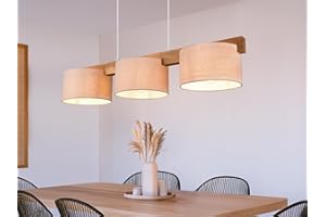 meineWunschleuchte Holzbalken Pendelleuchte 3 flammig mit Stoff Lampenschirmen in Beige, Breite 100cm