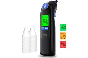 FEMOMETER FAMILY Termómetro de oído, termómetro digital infrarrojo para bebé y adulto, con 24 tapas protectoras desechables (negro-azul)