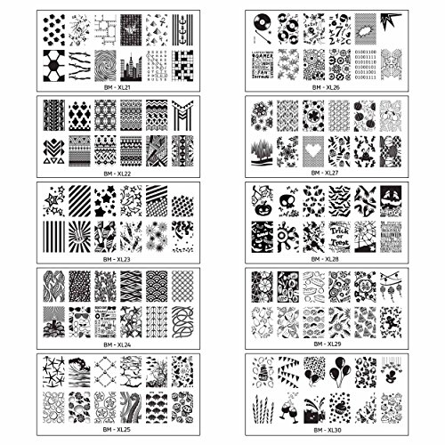 Bundle Monster 10pc Extra Large Full Nail Art Retangular Shape XL Stamping Plates, Set 3: 21-30
