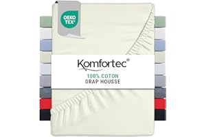 Komfortec Drap Housse Lit 140x200 cm - Jersey 100% Coton 135g/m² - Certifié Oeko-Tex - Bonnet 30 cm - Drap Lit avec Élastique pour Matelas Épais - Écru