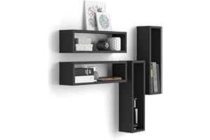 MOBILI FIVER, Set de 4 Cubes muraux, Iacopo, en mélaminé, Frêne Noir, Mélaminé, Étagères murales Cubes pour Cuisine et Salon, Made in Italy
