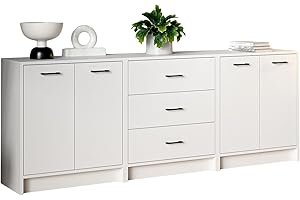 MEBLEPITUS.PL Meble Pitus Komoda biała 210 cm MP1 - kredens do salonu, sypialni i przedpokoju – 2 komody z drzwiami, połączona z komodą z 3 szufladami – szafka komodowa, płyta meblowa