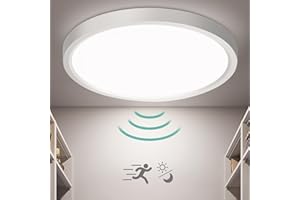 Oraymin LED Plafon Techo con Sensor de Movimiento, 18W 1800LM Lampara Techo con Sensor Crepuscular Interior, 4000K Luz Techo para Garaje Recibidor Pasillo Escaleras Garaje Cocina, Ø23×2.4cm