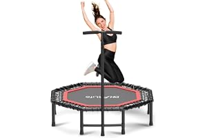 DH FitLife Fitnesstrampolin Hopfällbar med Justerbar Stång Ø121cm 150 kg | Förmonterad Duk｜Förstärkta Gummiband｜Tyst Fjädring｜Halkfria Fötter｜Mini Trampolin för Fitness Jumping