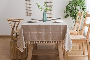 Lanqinglv obrus z frędzlami w kratkę z bawełny i lnu, kwadratowy, zmywalny, na stół kuchenny, do jadalni. 90x140cm beżowy
