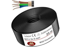 MAS Premium Underground Power Cable, 5–125 m, NYY-J, 5 x 1.5, 2.5, 4, 6, 10 or 16 mm², Electrical Cable Spool, for Outdoor Installation (5 x 6 mm², 25 m)