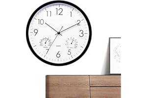 AZNEVER Gartenuhr Wetterfest Outdoor, Außenuhren Wasserdicht Mit Temperatur, Außenuhren Wetterfest Mit Thermometer Und Hygrometer, 12-Zoll-Außenuhren Für Die Terrasse, Funk-Wanduhr Schwarz Weiß, Groß Elegante