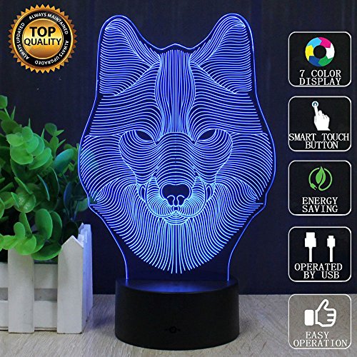 Wolf 3D Optische Illusions-Lampen, FZAI Tolle 7 Farbwechsel Acryl berühren Tabelle Schreibtisch-Nachtlicht mit 150 cm USB-Kabel für Kinder Schlafzimmer Geburtstagsgeschenke