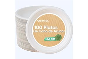 GreenFyA Platos Desechables de Caña de Azúcar Resistentes, 100% Biodegradables (100, 22cm.)