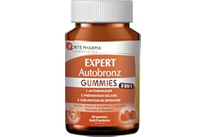 Forté Pharma - Expert AutoBronz Gummies - L-tyrosine, Sélénium, Vitamines C E, Lutéine, Beta carotène - Complément alimentaire solaire - Teint hâlé, bonne mine- 60 gommes à mâcher, 2/jour