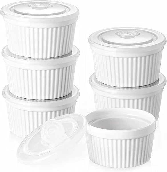 DOWAN Pirottini per Soufflé Set con Coperchi, 6 X 235 ml Stampi a Prova di Forno per Crème Brulée, Muffin, Dolci e Pasticceria, Mini Ciotola Porcellana per Forno, Salsa, Snack, Fruttoda, Ø 10cm-Bianco - 1