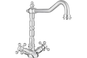 JASSFERRY Vintage French Mixer Tap Traditional Crosshead Handles Monobloc Kitchen Sink Faucet with Swivel Spout Chrome Polished