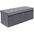 Bonlife Grey Velvet Ottoman Storage,Extra Large End of Bed Storage Box with Lids,Footstool Folding Ottoman Bench Window Seat with Rivet,110x40x40cm