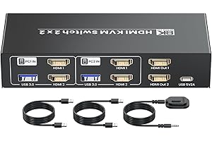 SEIRYRUC 8K HDMI KVM Switch 2 Monitors 2 Computers, 4K120Hz USB 3.0 Dual Monitor HDMI KVM Switcher 2 In 2 Out for 2 PC Share Two Monitors and Keyboard Mouse printers and more