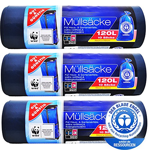 Öko Müllsäcke - Extra Reißfest & Flüssigkeitsdicht - 120 Liter - 3er Pack (3 x 10 Stück) "Blauer Engel" Zertifikat