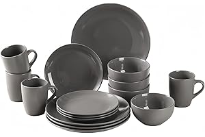 simpa 16PC Grey Glazed Ceramic Stoneware Dinner Set. 4 Dinner Plates, 4 Side Plates, 4 Bowls & 4 Mugs. Dishwasher & Microwave Safe.