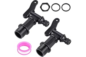 FYGUARD 2 Stück Auslaufhahn für Regentonne, Wasserhahn 3/4 Zoll Kunststoff Ersatzhahn mit Dichtung Kontermutter Dichtband für Regenwassertonne Wassertank Regenfass (Schwarz)