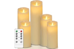 AiiBowy Bougies LED [5 PCS] Bougie Decorative, Sans flamme, En Véritable Cire, Télécommande, Bougies d'extérieur, Flamme vacillante, Minuterie de contrôle Décoration D'ambiance Intérieure Noël - Blanc