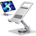 pjp electronics Tablet Stand, Aluminum Adjustable Swivel Desktop Holder with 360 Degree Rotating Base, Foldable Cradle Compatible with iPad/iPad Pro/Air, iPhone, Galaxy Tab, Switch, Phones (Silver)