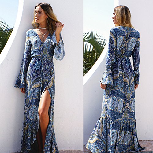 KE1AIP Frauen Boho lose V-Ausschnitt Strandabdeckung Langarm Side Slip Kleid bedruckte einstellbare Bandage Maxi-Kleid - 2