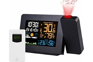 Projektionsväckarklocka med Utomhussensor, Väderstation för Sovrum, Projektor Dimbar Klocka Dubbla larm LED-display Temperatu