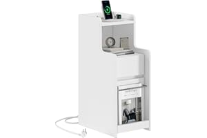 ‎AOGLLATI AOGLLATI Nachtschrank Schmal mit Ladefunktion Beistelltisch mit 2 Schubladen, Couchtisch, Nachtkommode mit Steckdosen, Nachtkästchen, Modern, für Schlafzimmer Wohnzimmer Arbeitszimmer (1, Weiß)