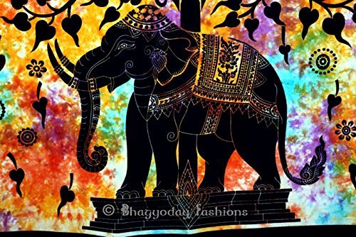 Handicrunch Indian Psychedelic Celestial Elephant Tree Of Life Tapestry ,Good Luck Hand Tie Dye Elephant Tapestry , Hippie Gypsy Wall Hanging , Bhoemain Bed Spread Tapestries , New Age Dorm Tapestry, Bohemain Dorm Decor Elephant Tapestry,