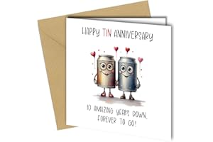 OSCAR FINKS Funny Cute 10th Anniversary Card, Unique Design, 'Happy Tin Anniversary' 10 years down, forever to go #1734