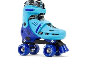 SFR Hurricane IV Adjustable Children’s Quad Skates | Push Button Easy Size Adjustment W. Double Click Lock Plastic Buckle Fastening | Comfortable Liner With Printed Graphics For Toddler Kids Beginner