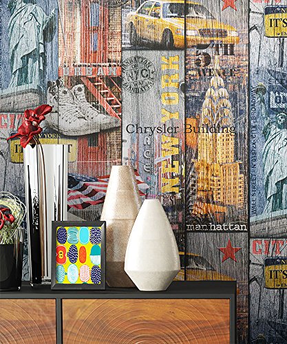 NEWROOM Tapete Bunt Papiertapete Natur Holz,Schrift,Städte,Städtenamen schöne moderne und edle Design Optik , inklusive Tapezier Ratgeber