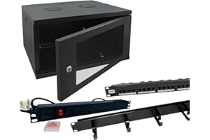DATA ZONE 6u 450mm 19" Black Wall Mounted Data Cabinet, 24 way Cat6 Panel, 6 way PDU Power Distribution Unit & Cable Management Bar