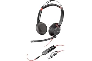 Poly Blackwire 5220 schnurgebundenes Headset, Flexibler Mikrofonarm mit Noise Cancelling, Ergonomisches Design, Verbindung mit PC/Mobilgeräten über USB-C, USB-A oder 3,5 mm, Teams/Zoom kompatibel
