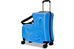 CyyKcc Ride on Luggage for Kids, Blue Travel Ride on Suitcase with Seat for Toddler, 51x51x20cm Hard Shell Luggage on Wheels for Train, Car