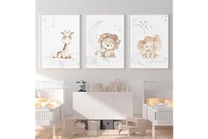 YOUIHOM 3 Laminas para Cuadros Infantiles Poster Animales Diseño de León Jirafa Elefante Nubes Estrellas Luna Pared Decoración Dormitorio Habitacion Bebé Niño Niña Regalo 30 x 40 cm sin Marco