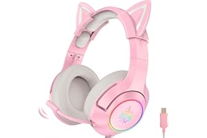 NIC IS COCNG Auriculares Rosa para Juegos, Auriculares Orejas De Gato, Auriculares para Juegos con Sonido Envolvente 7.1 con Reducción De Ruido Ajustable, Luz Led, Micrófono Retráctil Y Orejas De Gato Extraíbles
