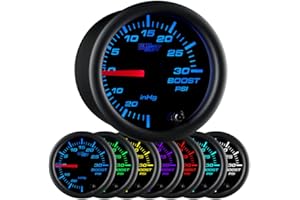 GlowShift Black 7 Color 30 PSI Turbo Boost/Vacuum Gauge Kit - Includes Mechanical Hose & T-Fitting - Black Dial - Clear Lens - for Car & Truck - 2-1/16" 52mm