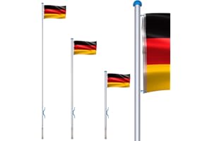 TRMLBE Mástil de bandera, 6,5 m, estable, de aluminio, telescópico, 2,25-6,5 m, extensible con bandera de Alemania, tubo plateado