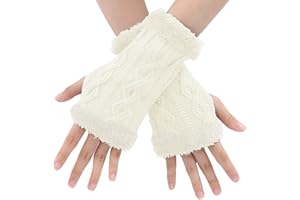 BLURBE Fingerlose Handschuhe Damen - Winter Armstulpen Halb Fingerhandschuhe Warme Klassisch Strick Handschuhe mit Fleece Futter Pulswärmer Handschuhe Ohne Fingerkuppen Daumenloch Handstulpen für Damen