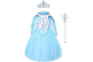 URAQT Vestito Set, Congelato Costume Vestito Bambina Principessa, Set da Principessa Blu Corona Bacchetta, Cosplay Party Halloween Abito delle Ragazze di Natale Fantasia(110-150)